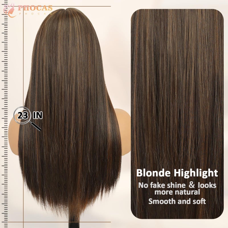 PHOCAS Long Brown Wig with Highlights Ombre Brown Wig with Blonde Highlights Wig 23'' Long Brown Wig with Bangs for Women Daily Use - Image 3